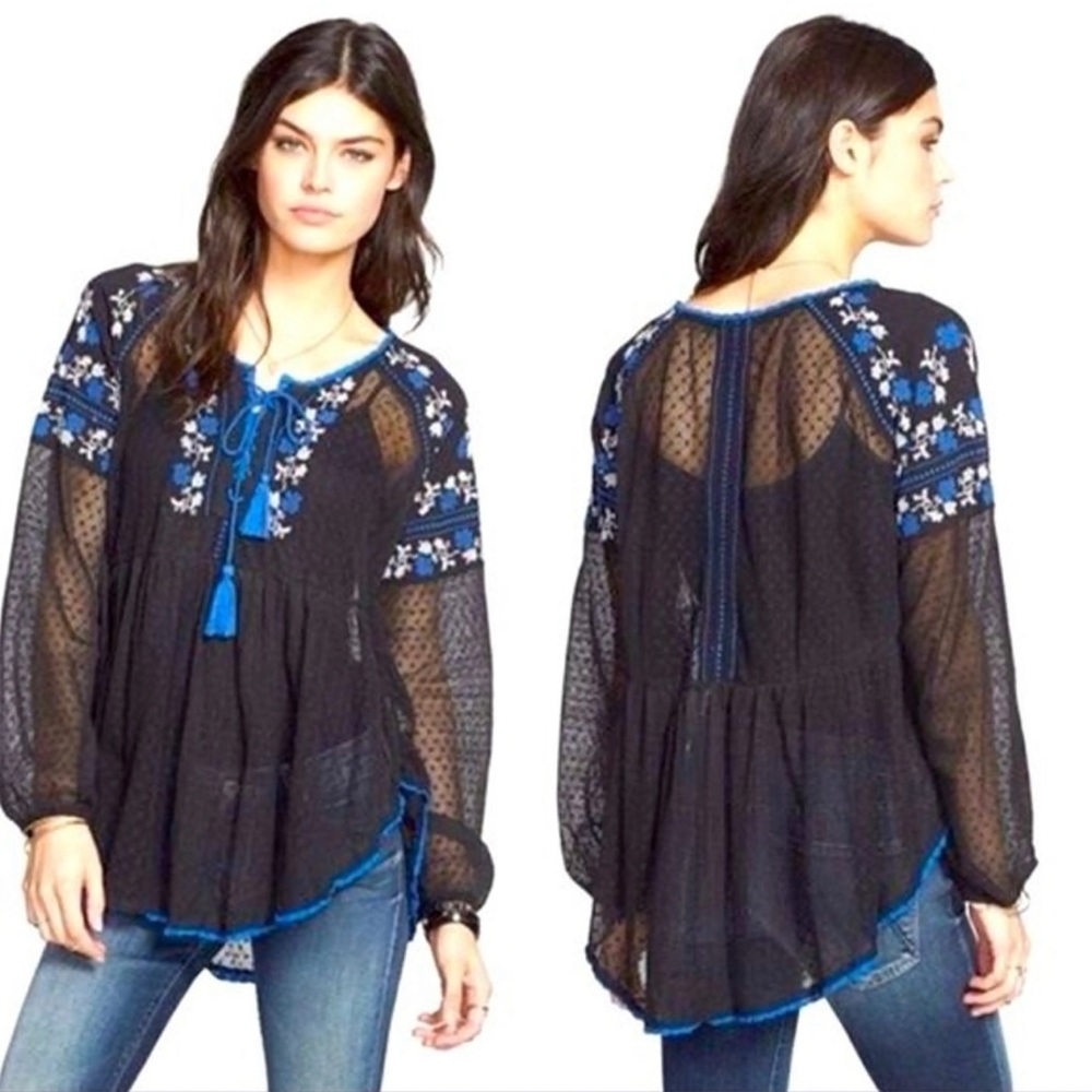 Free People Sheer Mesh Boho Top with Embroidery